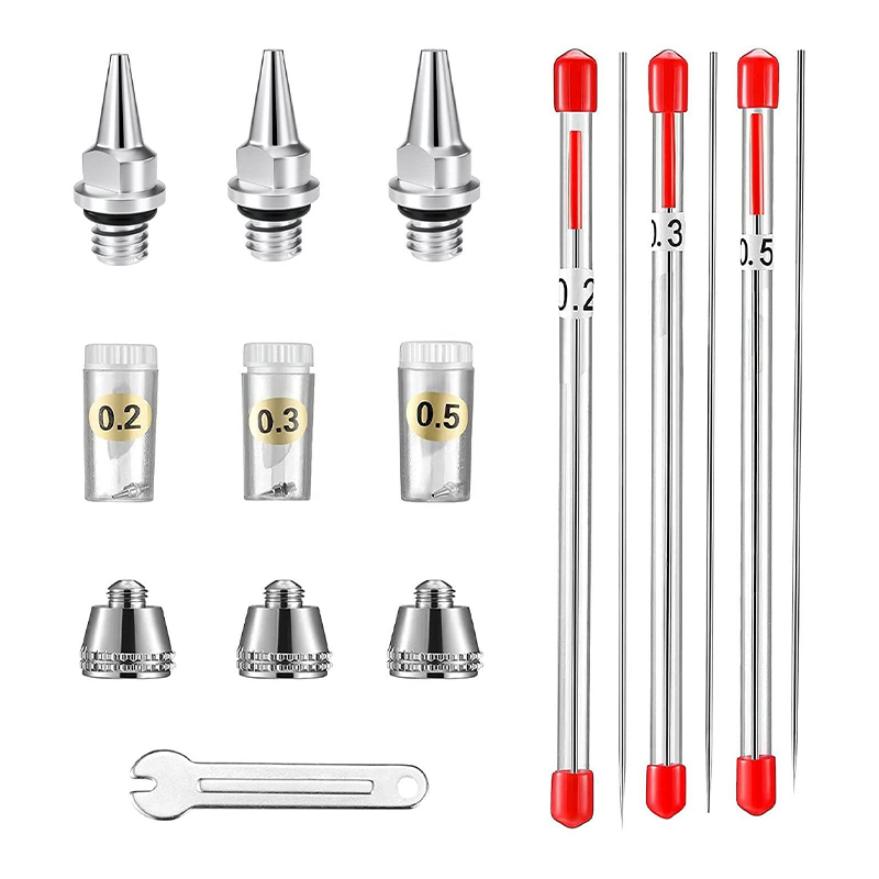 10-Pieces Airbrush Replacement Parts Kit dengan nozel airbrush 0,2mm, 0,3mm, dan 0,5mm, jarum, tutup nozzle, dan kunci pas untuk aksesoris semprotan senjata